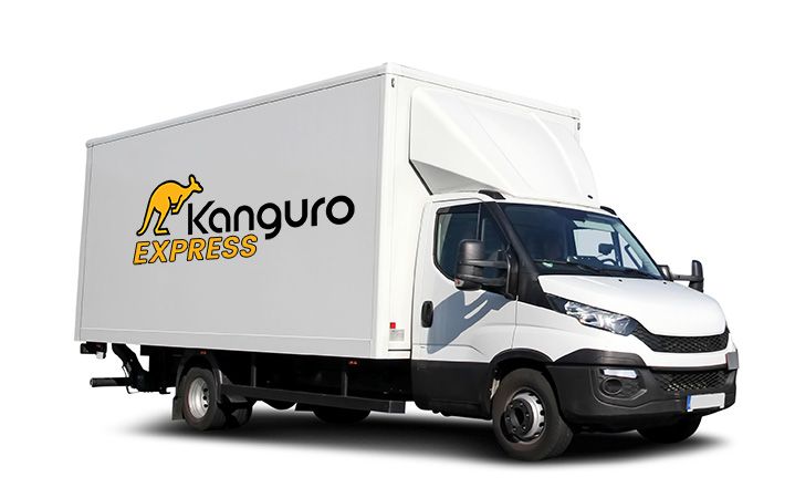 biała ciężarówka express service z logo Kanguro